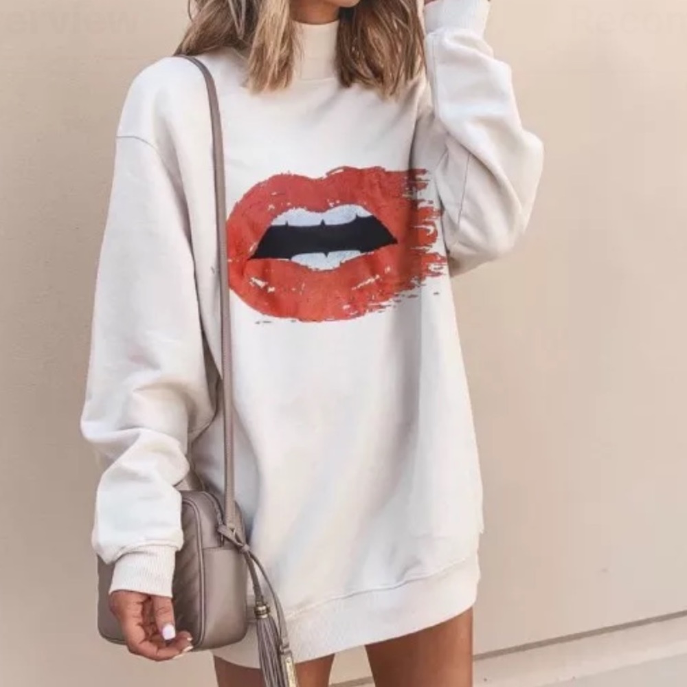White Red Lips Sweatshirt Long Sleeve Dress
